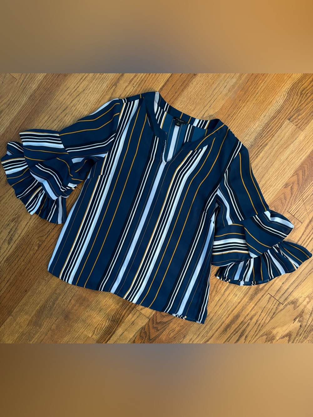 Ann Taylor Factory Navy Striped Split-Neck Ruffle-Sleeve Blouse, size XS